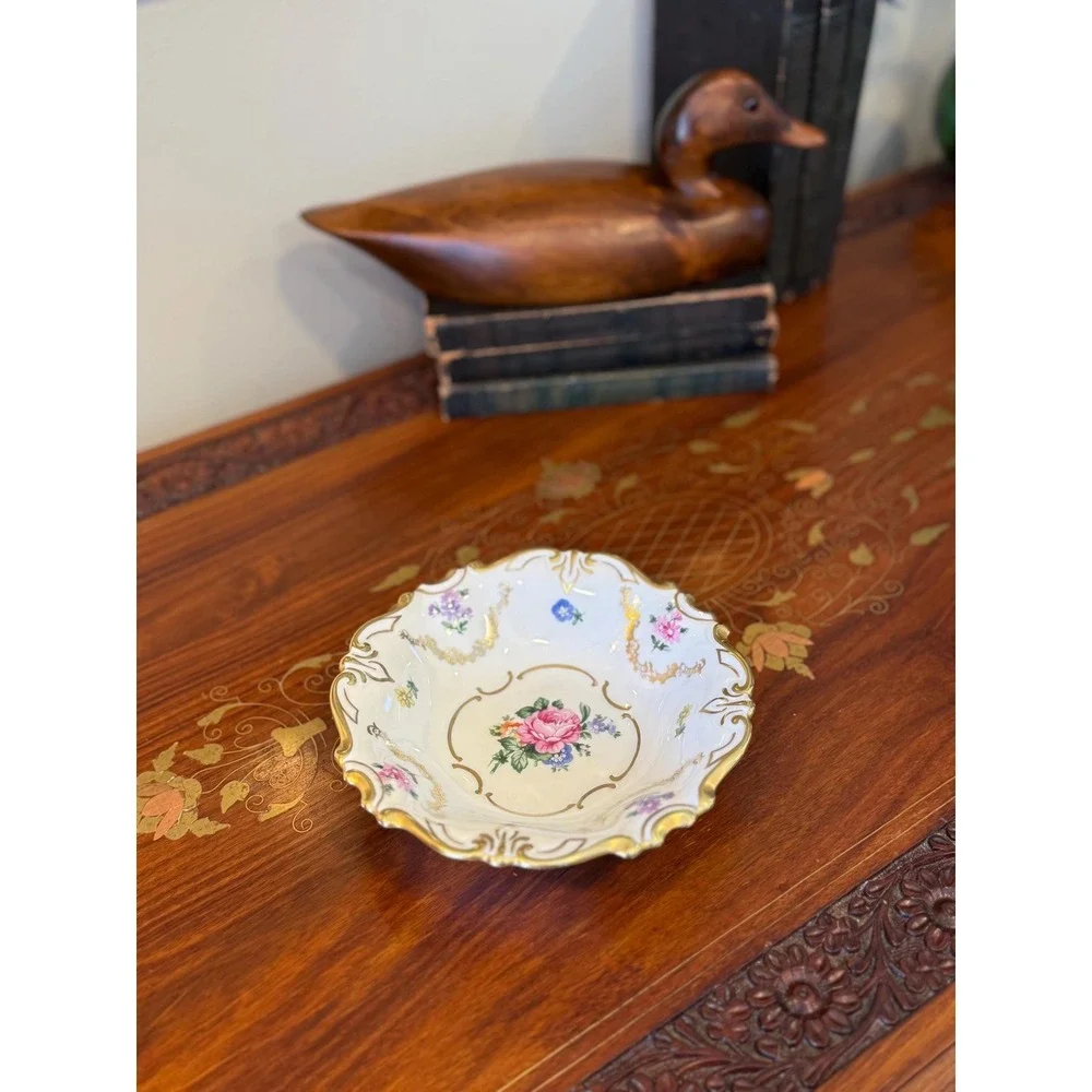Vintage German Porcelain Trinket Dish, JLMenau Floral Gilt‎ Vanity Bowl